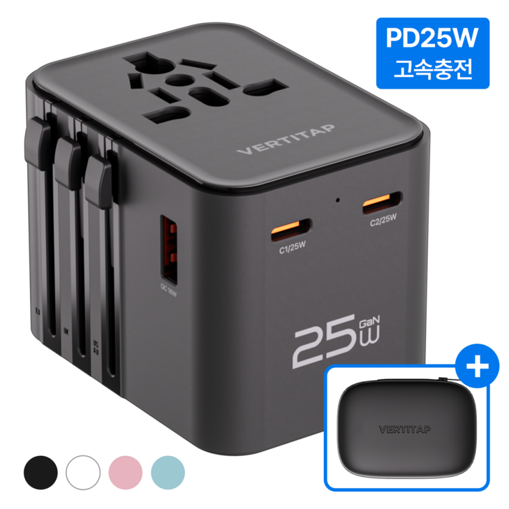 버티탭 트레블러 에어 PD 25W 멀티 어댑터 해외 전세계 여행용 멀티탭 usb 콘센트 플러그 돼지코 일본 베트남 중국 홍콩 태국 대만 필리핀 미국 유럽, 1개, 블랙