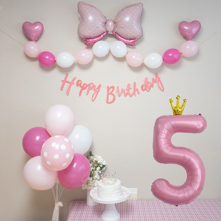 연지마켓 생일풍선 생일파티용품 리본풍선 숫자세트, 핑크리본 핑크세트 5