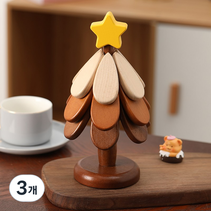 케이연 원목 냄비받침 컵받침, 크리스마스 트리 인테리어 성탄절장식 연말파티, 선물상자포장, 3개, 별님