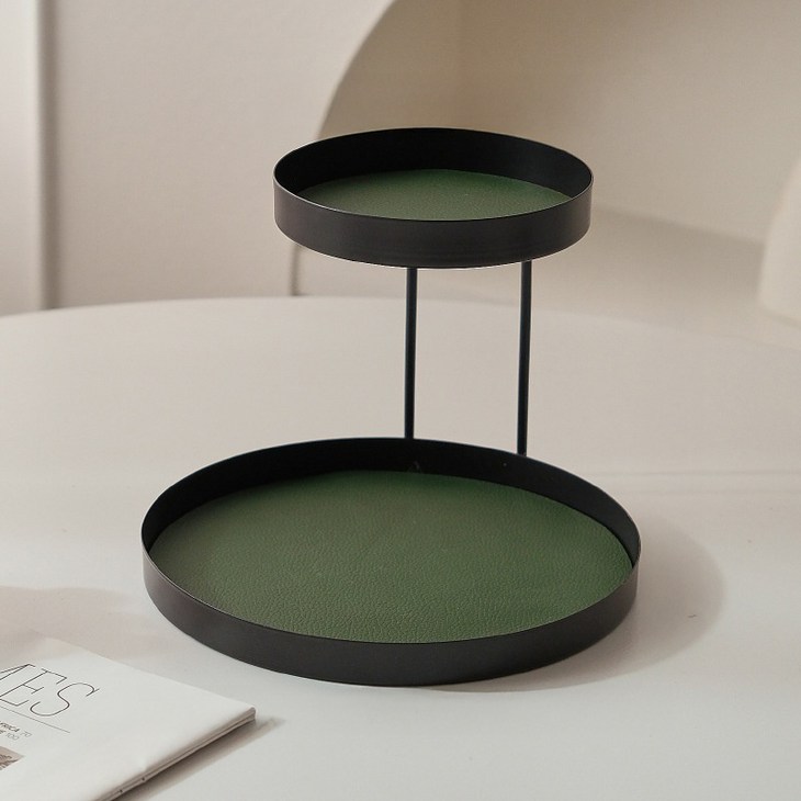 퓨트라 향수 차키 트레이 데스크 정리함 원형 2단 진녹색 가죽, 검정  진녹색