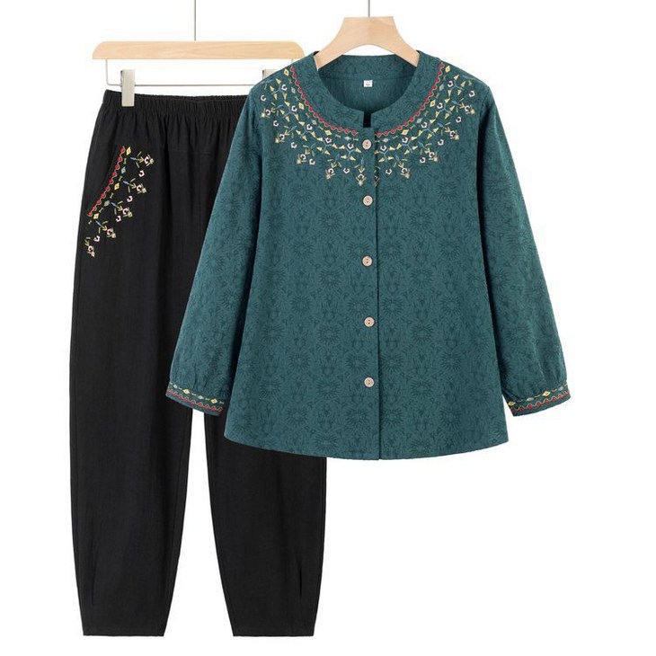 DELIFE 예쁜 할머니 봄 긴팔 자수 상하복 세트 엄마 투피스 중장년 여성 긴팔티바지 세트