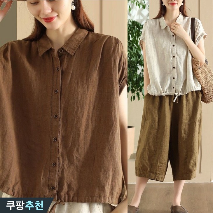 완전 추천 80kg까지 빅사이즈 여성 린넨 반팔 허리 밴딩 스트링 카라 셔츠 여름 편한 면 단아한 우아한 단추 빈티지 디자인 심플 캐주얼 부드러운 통기성 쿨 루즈핏 데일리 남방