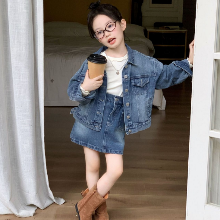 떼아베베 37세 여아 투피스 상하복 100130호 청 데님 자켓 치마 일자 스커트 상하세트 키즈 아기 데일리 나들이 행사 소풍 등원룩 아동복