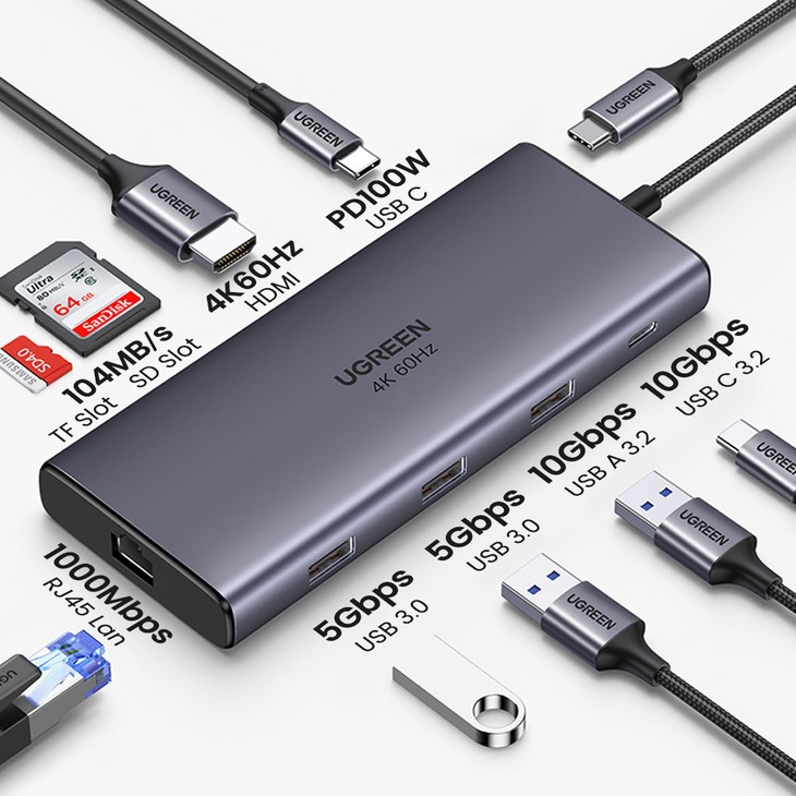 UGREEN 유그린 10Gbps USB C 허브 9 포트 어댑터 4K60Hz  HDMI  노트북 멀티허브