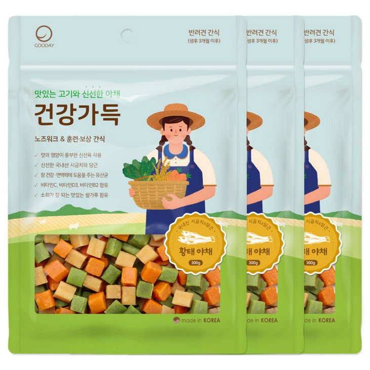 굿데이 강아지 건강가득 간식 300g, 3개, 황태 야채 굿데이 강아지 건강가득 간식 300g, 3개, 황태 야채