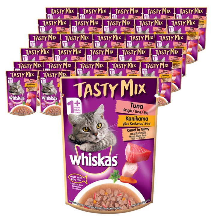 위스카스 고양이 테이스티믹스 참치 게맛살과당근 in 그레이비 습식사료 28p, 생선, 70g, 28개 - 투데이밈