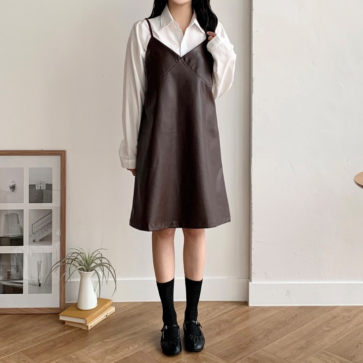 더한땀 가죽 레이어드 뷔스티에 원피스