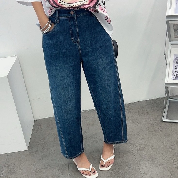 에브리룩 사선 절개 통배기 스판 뒷밴딩 데님 청바지MXL