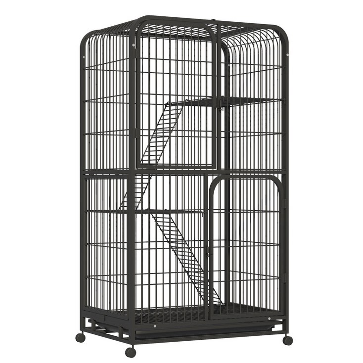 리빙가감법 반려동물 고품질 조립식 4단 고양이 케이지 튼튼한 메탈 간편이동 잠금 가능한 바퀴가 있는 탈출 방지 고양이 철장 이동식 고양이 대형 케이지, 1개, 블랙
