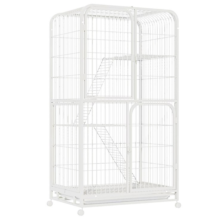 리빙가감법 반려동물 고품질 조립식 4단 고양이 케이지 튼튼한 메탈 간편이동 잠금 가능한 바퀴가 있는 탈출 방지 고양이 철장 이동식 고양이 대형 케이지, 1개, 화이트
