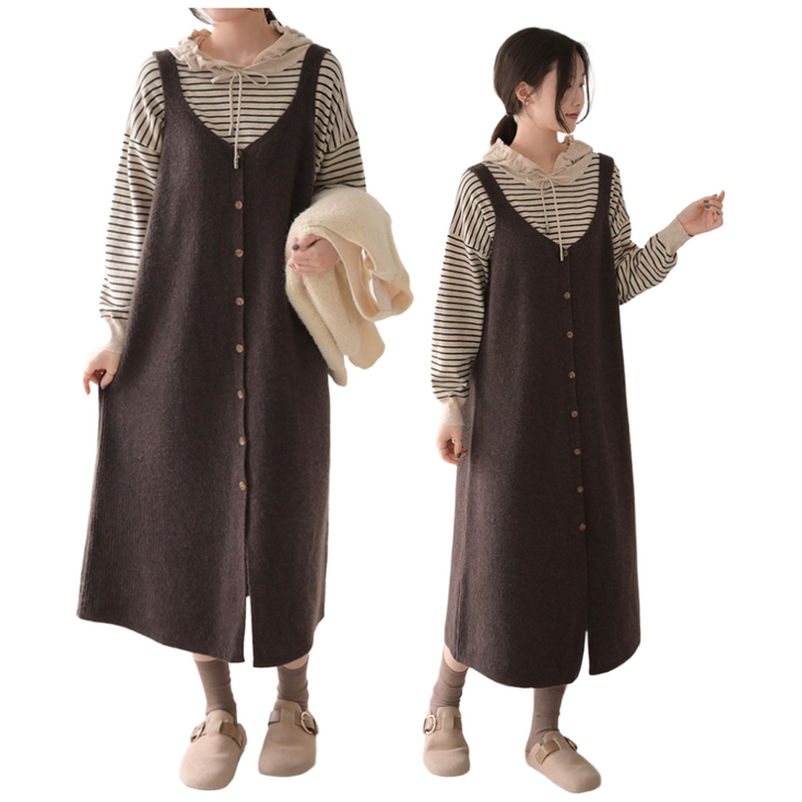 데일리앤 코지아 니트 뷔스티에 브이넥 롱 원피스 가을 겨울 레이어드 데일리 등원룩