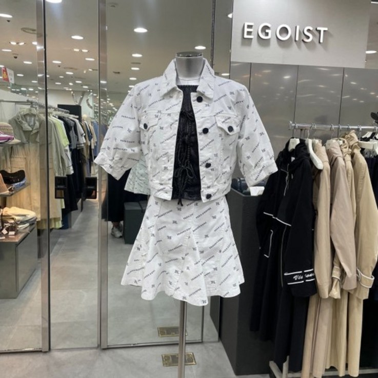 에고이스트 여성 레터링 나염 플레어 미니 데님스커트 EP2DS560