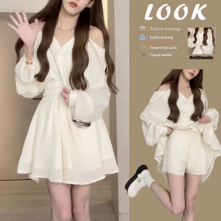 루나모드 오프숄더 디자인 여름용 블라우스 숏팬츠 내장 원피스 세트K0064