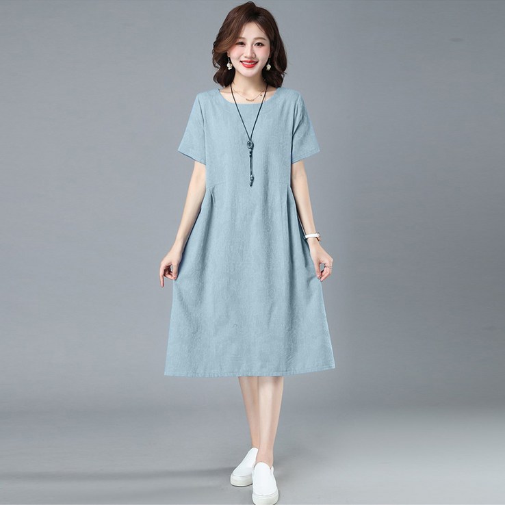 POMTOR 여성 라운드넥 Zacar 반팔 면마 자카르 린넨 롱 원피스 POMTOR 여성 라운드넥 Zacar 반팔 면마 자카르 린넨 롱 원피스