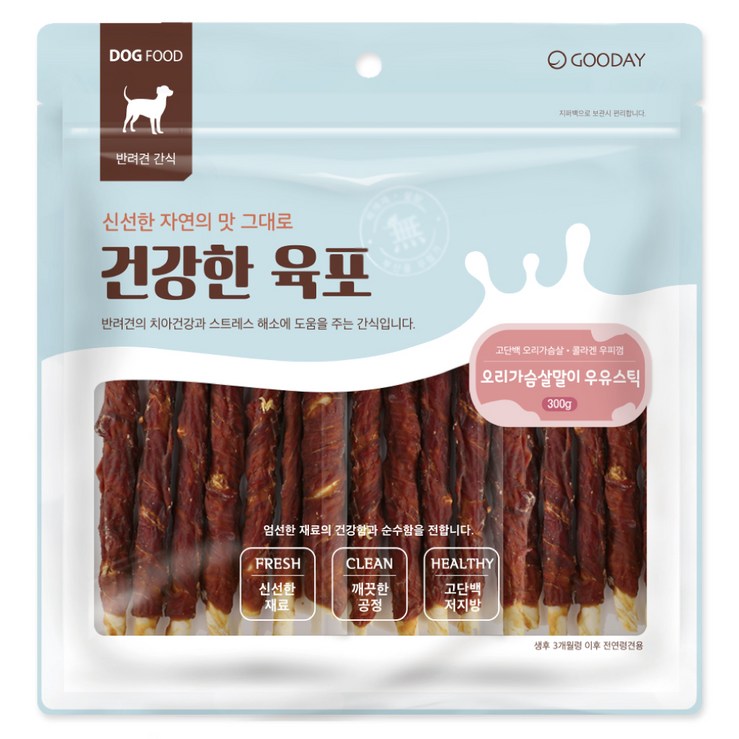 굿데이 강아지 건강한 육포 우유스틱 껌 300g, 오리가슴살 + 우유 혼합맛, 300g, 1개