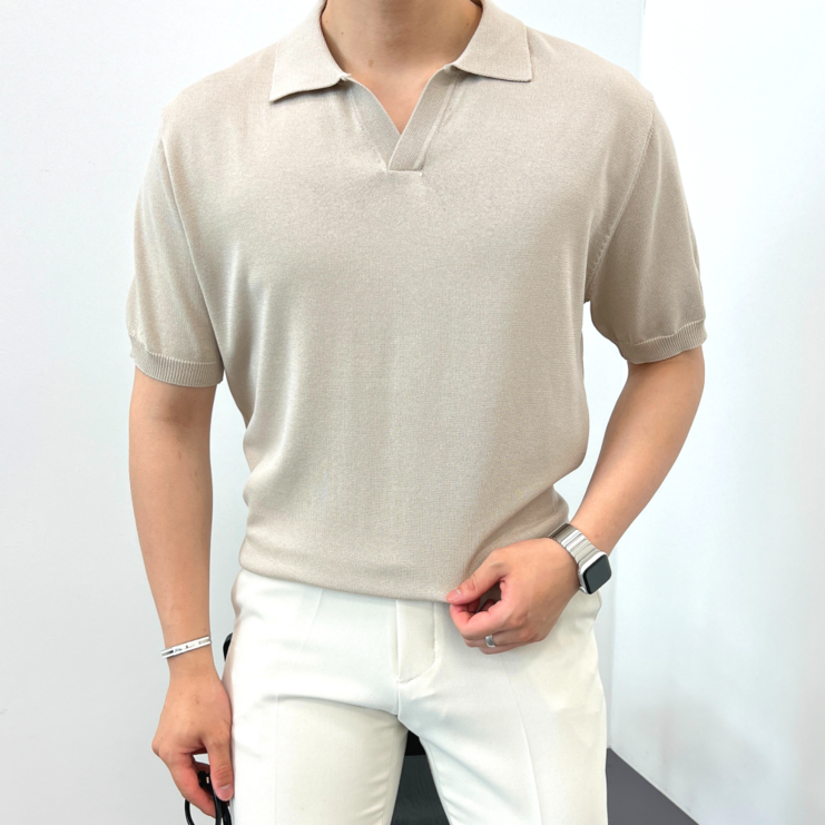 이브컴퍼니 시원한 아이스 오픈 카라 머슬 오버핏 반팔 니트 7751
