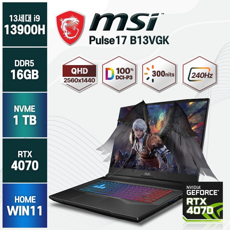 2023년형 MSI Pulse 17 B13VGK 240Hz QHD 13세대 인텔 i9 RTX4070 게이밍노트북, 블랙, B13VGK, 코어i9, 1TB, 16GB, WIN11 Home