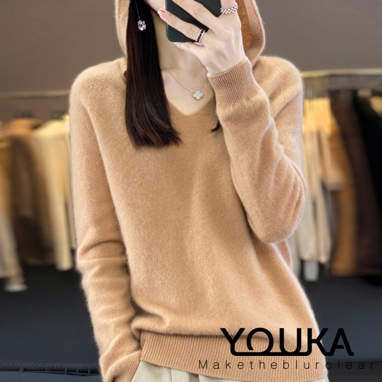 유카 여성 가을 겨울 100 캐시미어 브이넥 모자달린 후드티니트