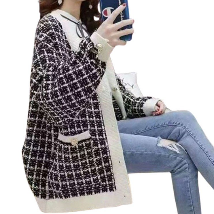 네모 여성용 골드트위드 가디건