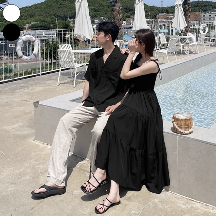 가비진 여성용 스모크 끈 롱 원피스 무지 카라 반팔셔츠 남녀 커플룩 시밀러룩 휴가룩 바캉스룩 세트 남여개별구매