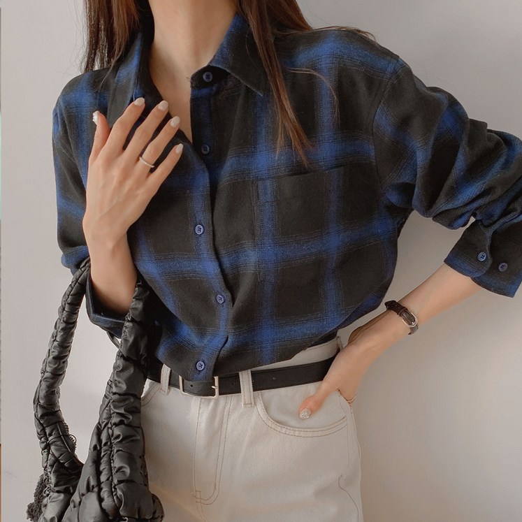 오버나인 여자 여성 스탠다드핏 기모 남방 옴브레  체크 셔츠