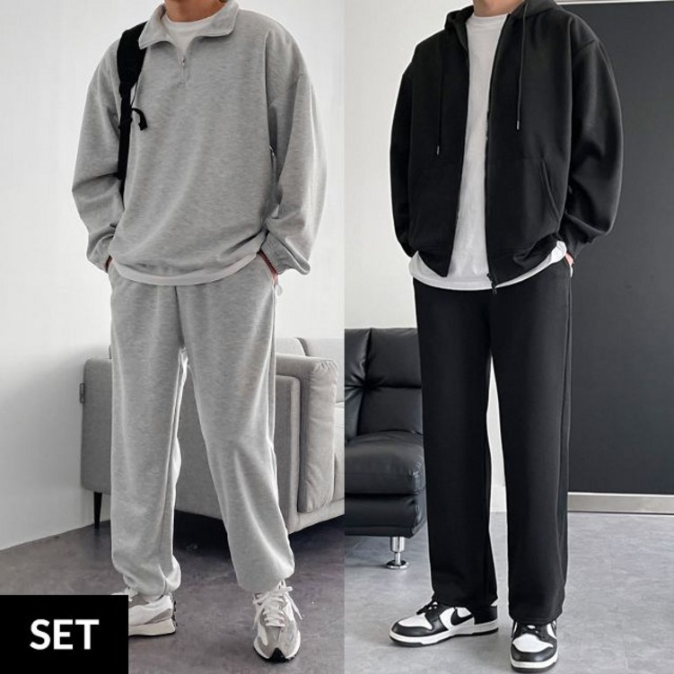 SET 독보남 반집업맨투맨 후드집업 와이드팬츠 조거팬츠 세트 셋업 5855