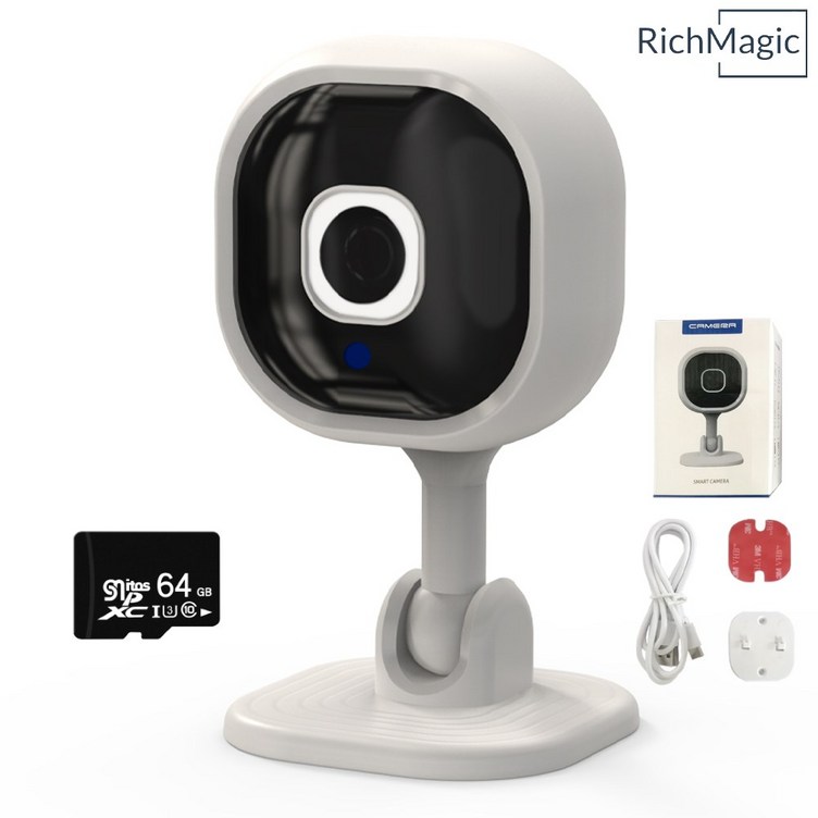 RichMagic 스마트 홈 WiFi 네트워크 카메라 고화질 야시 음성 대화 카메라 실내용 +64G 메모리 카드, 흰색