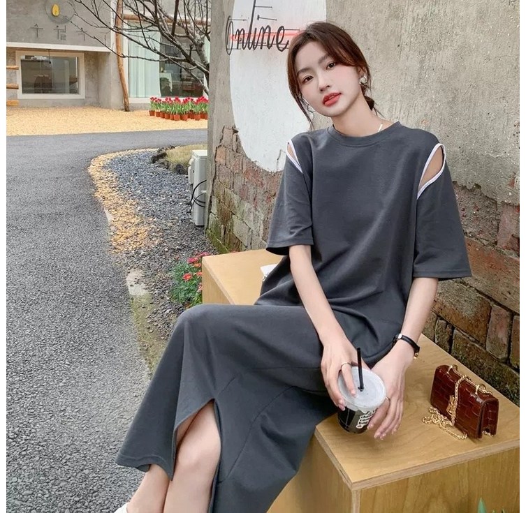 해피유통 여성 순면 루즈핏 빅사이즈 솔리드 원피스 펀칭 트임 롱티 원피스 jhljq