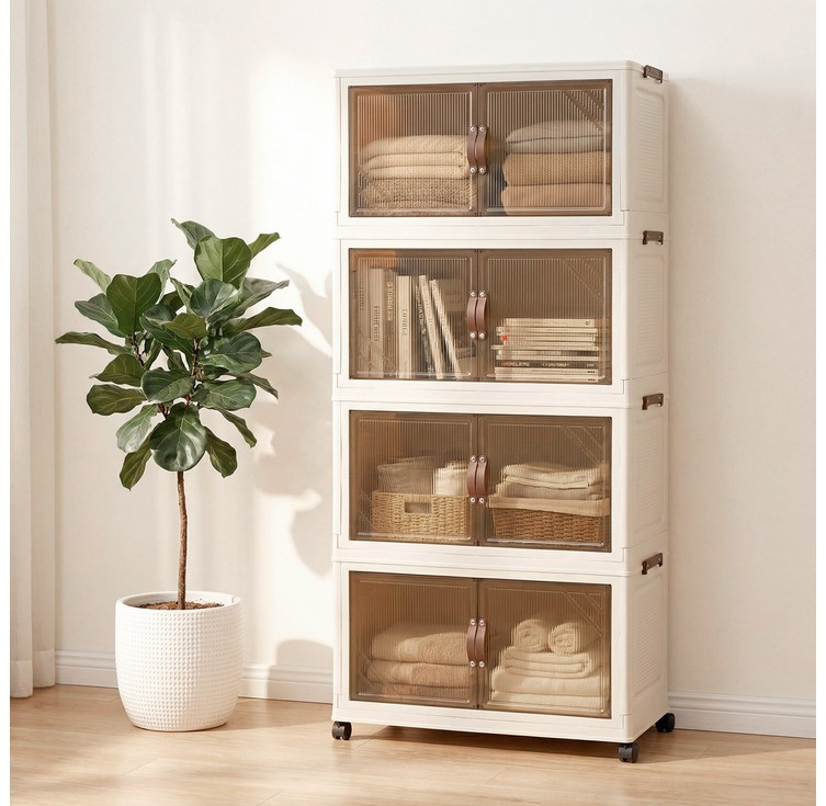 SHEU 대용량 수납장 수납 정리함 서랍장 다용도 접이식 가정용 이동식 플라스틱 리빙박스, 투명 브라운