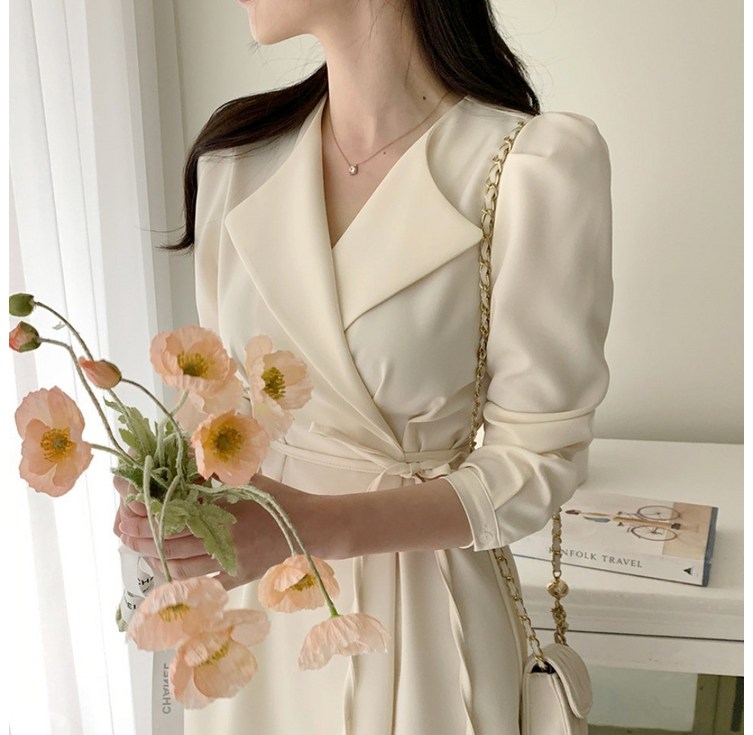 쪼예 하객룩 핀턱 허리 스트랩 긴팔 하프 롱 셔츠 원피스