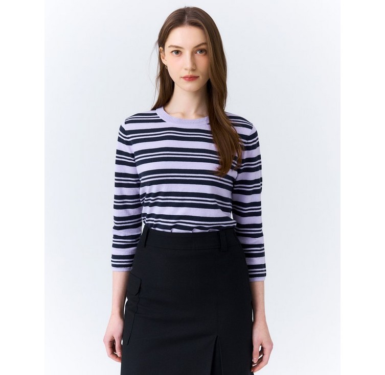 헤지스 여성 바이올렛 변형 스트라이프 칠부소매 스웨터
