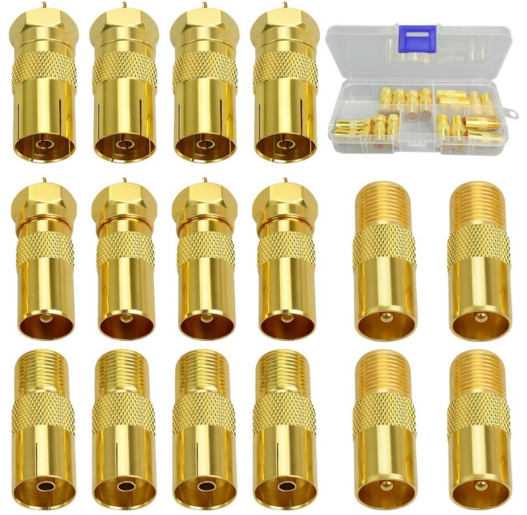 F형 TV 안테나 동축 커플러, 위성 안테나 어댑터 세트, 플러그암형 TV 동축 커플러, F 커플링동축 플러그  IEC 암커넥터 골드 도금, 1개, 금색