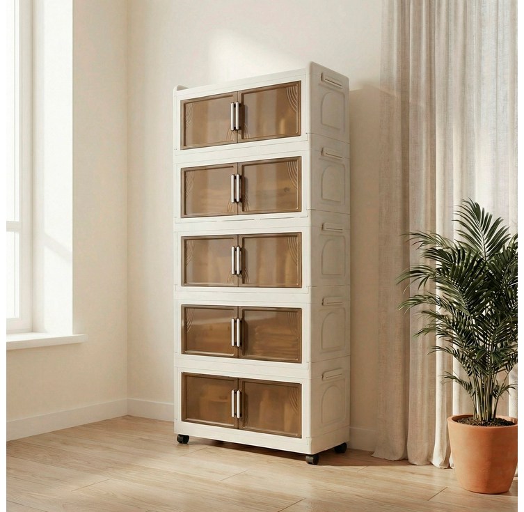 SHEU 접이식 수납장 대형 다용도 폴딩박스 대용량 수납장 리빙박스 가정용 이동식 옷장 거실 주방 정리함, 5개, 투명