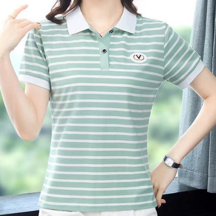 구디프 여성용 깔끔단정 스트라이프 반팔 카라 티셔츠 구디프 여성용 깔끔단정 스트라이프 반팔 카라 티셔츠