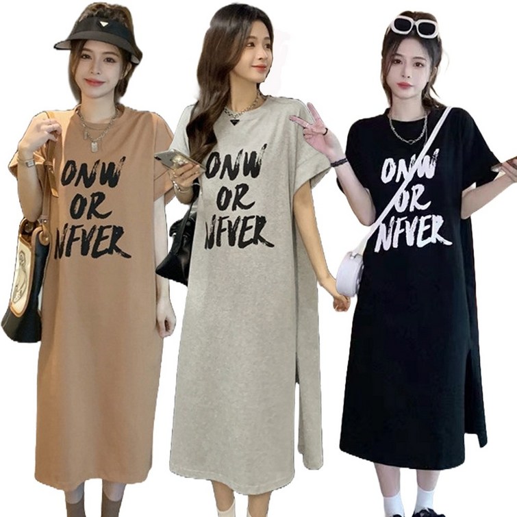 반팔 롱 원피스 옆트임 레터링 원피스